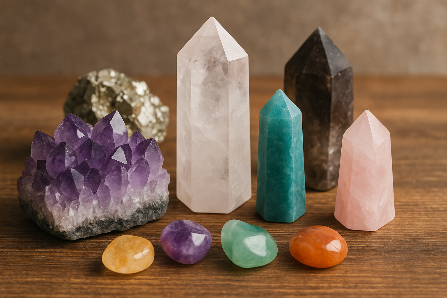Crystals arranged on a table with soft lighting